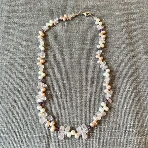 Pretty Multi-Color Genuine Stone & Pearl Beaded Necklace w/Sterling Clasp